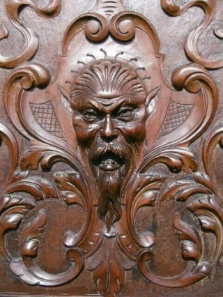 19thc Gothic Mahogany Panel Devilish Head Carved Centrally