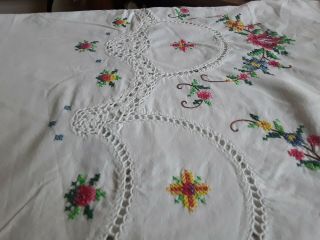 Large Vintage White Table Cloth Hand Embroidered