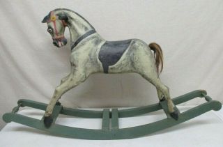 RARE ANTIQUE 1800s SOLID WOOD CARVED CHILDS ROCKING HORSE CAROUSEL PAINTED HORSE 2