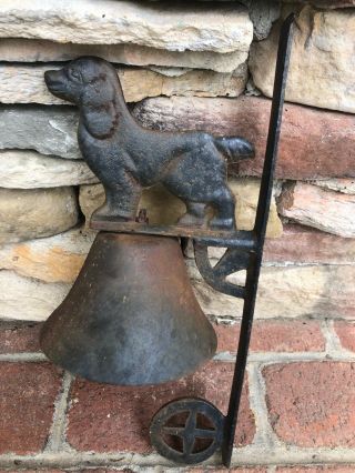 Vintage Antique Wall Mounted Cast Iron Dinner Bell With Decorative Hunting Dog