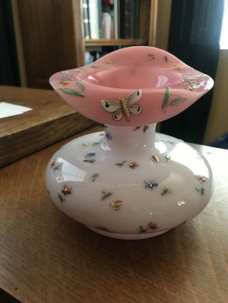 Antique Milk Glass Like Vase With Pink Inside And Raised Butterflies And Flowers