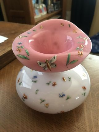 Antique Milk Glass Like Vase With Pink Inside And Raised Butterflies And Flowers 2