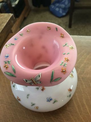 Antique Milk Glass Like Vase With Pink Inside And Raised Butterflies And Flowers 3