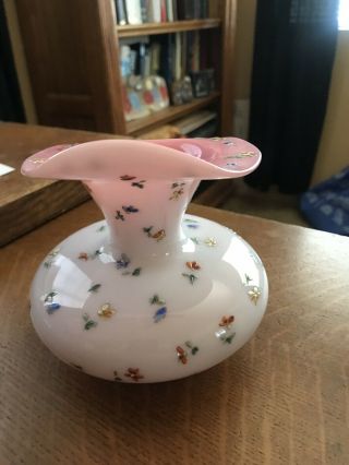Antique Milk Glass Like Vase With Pink Inside And Raised Butterflies And Flowers 4