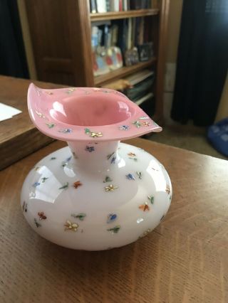 Antique Milk Glass Like Vase With Pink Inside And Raised Butterflies And Flowers 5