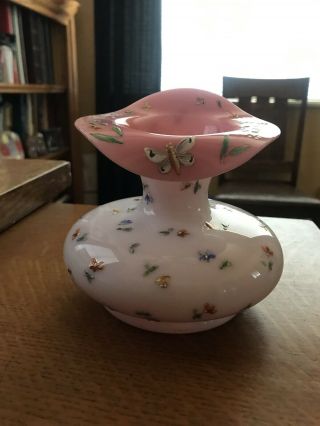 Antique Milk Glass Like Vase With Pink Inside And Raised Butterflies And Flowers 7
