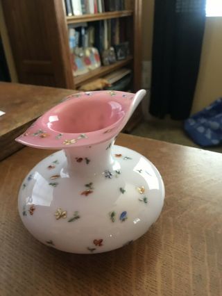 Antique Milk Glass Like Vase With Pink Inside And Raised Butterflies And Flowers 8