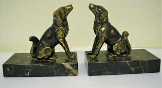 French Art Deco Spelter Dog Bookends On Marble Bases