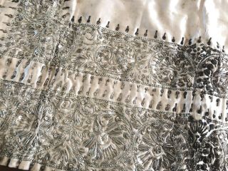 Antique Hand Embroidered Silver Metal Thread Peach Silk Panel 20x30 Inches