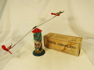 Vintage Marx Tin Litho Wind Up Sky Hawk Tower Aeroplane And Box