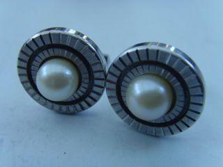 A Vintage Cufflinks Circular Geometric Art Deco Pearls And White Metal