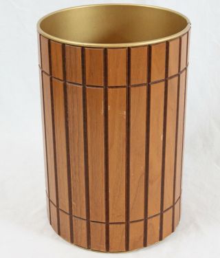 National Products Vintage Mid Century Modern Gruvwood Wood Wastebasket Trash Can