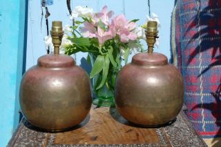 Vintage French Mid Century Brass Ball Table Lamps Pair Bedside Lamps Rustic Chic 2