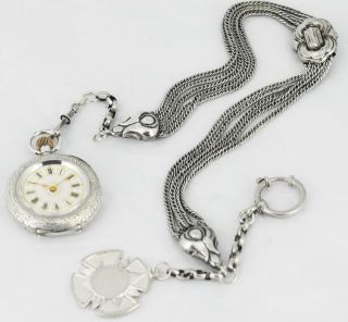 Antique 1900 Solid Silver Pocket Fob Watch And Chain Set