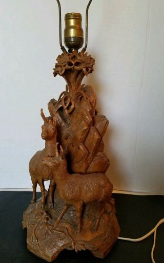 Spectacular Antique/vintage Black Forest Carving Lamp 2 Antelope/deer☆elaborate☆