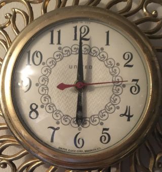 United Clock Co Wall Clock Model 80 Vintage 1950’s Gold Metal Retro Decor 3
