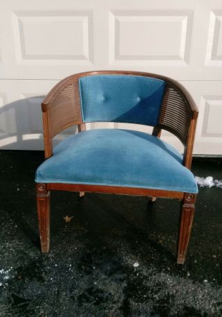 Blue Mid Century Modern Cane Barrel Chair Rare Upholster Louise Xv