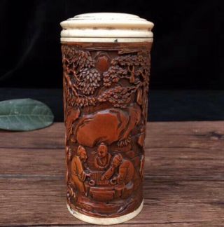 Collectable Boxwood Carve Man Bamboo Forest Play Chess Hand Souvenir Storage Pot