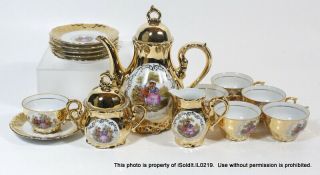 17 - Pc Bavaria Gold Demitasse Tea Set Lorenz Porzellan W/ Fragonard Couple