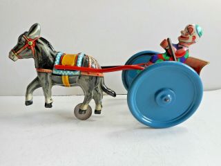 Gama Harlequin Clown Donkey Cart Tin Litho Lever Windup Toy Us Zone Germany
