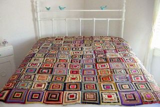 Antique 1800s Hand Stitched Colorful Silk Log Cabin Block Cutter Quilt 72x60