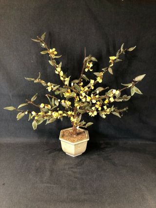 Large Vintage Asian Bonsai Agate Glass Tree With Jade Colour Leaves (ref Y635))