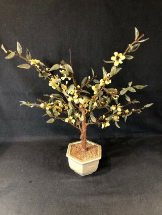 Large Vintage Asian Bonsai Agate Glass Tree With Jade Colour Leaves (ref Y635)) 3