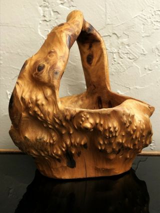 Hand Carved Knobby Burl Root Wood Handled Display Basket Bowl Vtg Natural Rustic