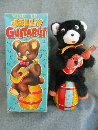 Old Vintage Japan 1950s - 1960s Tin Toy Wind - Up Jolly Guitarist Guitar Bear W Box