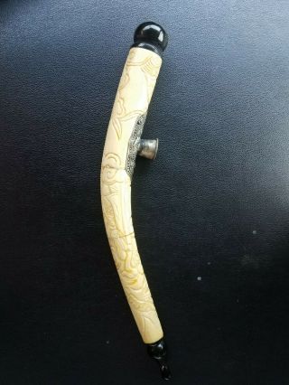 Vintage Chinese Hand Carved Bovine Bone Long Smoking Pipe Asian 13.  5 " Etched