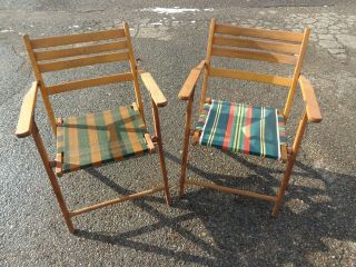 2 Vintage Antique Folding Wood Deck Patio Lawn Chairs Cloth Seats Pair Set