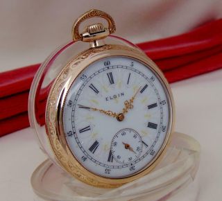 Rare 1908 Elgin Fancy Dial Pocket Watch In 14 K Gold Filled Case - 16s - Runs