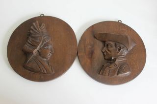 Antique Wooden Hand Carved Medallion Signed Man Woman French Bretagne