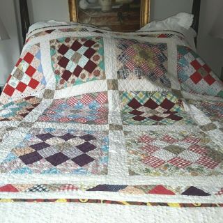 Vintage/antique Hand Pieced And Finely Quilted Feed Sack Quilt Approx 72 " X 58 "