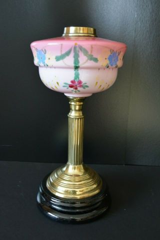 Victorian Twin Burner Oil Lamp Pink Floral Font