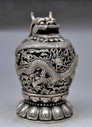 Chinese Ancient Hand - Carved Tibet Silver Dragon Incense Burner