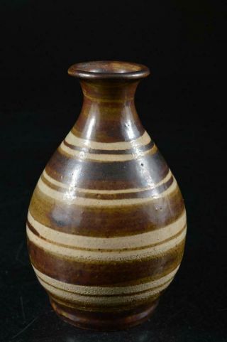 G9892: Japanese Seto - Ware Brown Glaze Ring Line Pattern Sake Bottle Tokkuri