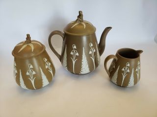Victorian Brown Jasperware James Dudson Ferns Harebells 3 Piece Tea Set Teapot