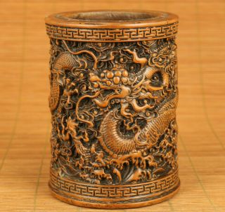 Chinese Old Boxwood Dragon Statue Netsuke Brush Pot Big Table Home Decoration