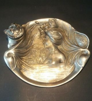 Antique French Art Nouveau Pewter Inkwell,  Signed N.  Vidal