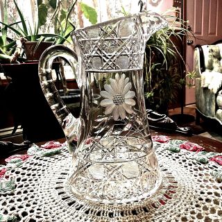 Antique Cut Crystal & Etched Pitcher 10 " Daisy