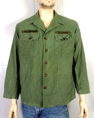 Vtg 60s Us Army Early Vietnam Era Sateen Shirt Theater Made Patches Open Cuff L