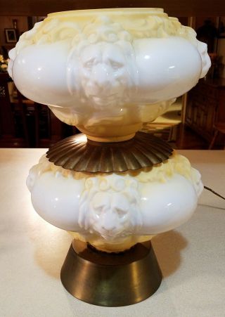 Vintage Double Puffy Lion Head Globe Glass & Brass Table Lamp Light