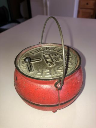 Vintage Cast Iron Bank Bean Pot Bank Nickel Bank Registering Bank