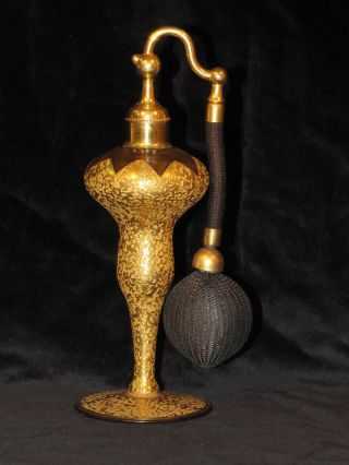 Vtg Rare Antique Devilbiss Gold Etched Glass Atomizer Perfume Bottle