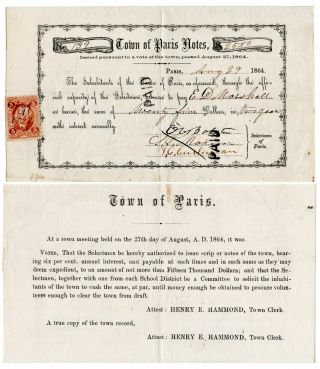 Rare - 1864 Civil War Bounty $100 Town Of Paris Note - York