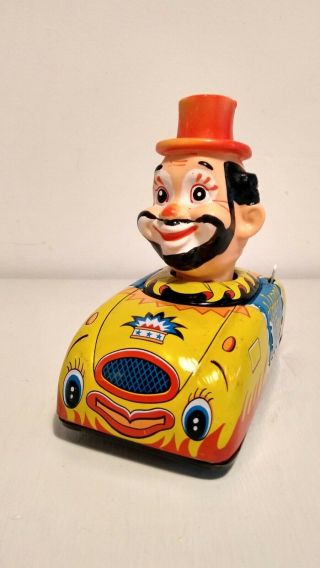 Vintage Tin Litho Happy Clown Car Mystery Action Yonezawa Japan