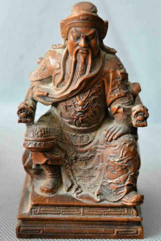 Folk Boxwood Old Hand Carve Warrior Wear Dragon Robe Sit Chair Ancient Statues