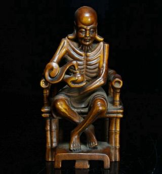 China Handwork Boxwood Carve Buddha Sit Chair Bring Lucky Collectable Old Statue