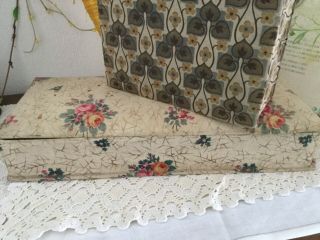 2 Gorgeous Antique French Textile Covered Boudoir Box 1920 Roses & Tulips Fabric